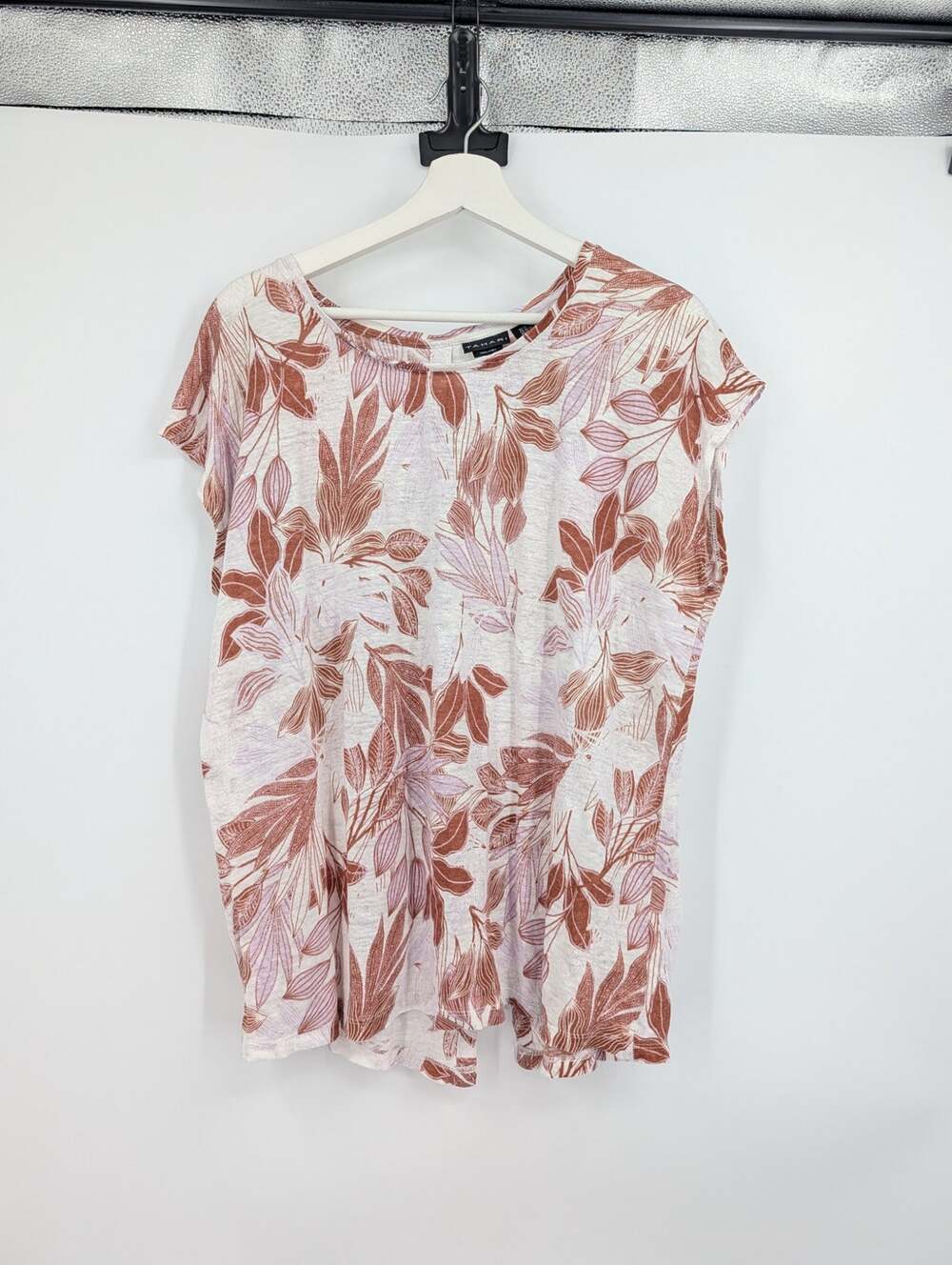 Tahari 100% Linen Button Back Cap Sleeve XL Floral Top Beachy Vacation Coastal